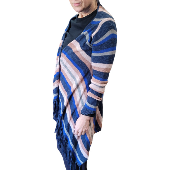 Say What Striped Fringe Boho Knit Cardigan Large Indie Duster Cozy Layer Shabby - Picture 4 of 9